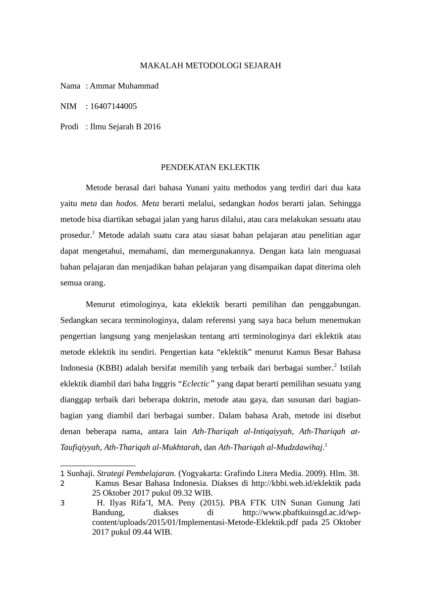Pdf Makalah Metodologi Sejarah Pendekatan Eklektik