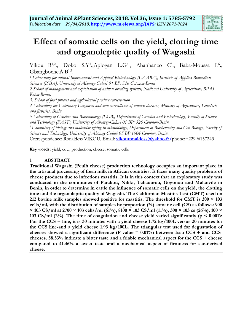 PDF) Effect of somatic cells on the yield, clotting time and organoleptic  quality of Wagashi