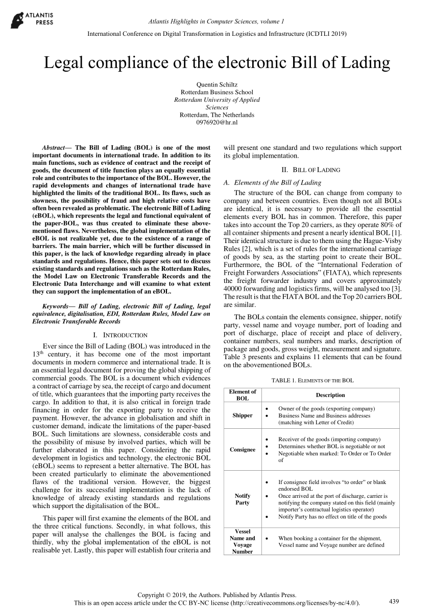 Pdf Legal Compliance Of The Electronic Bill Of Lading 7443