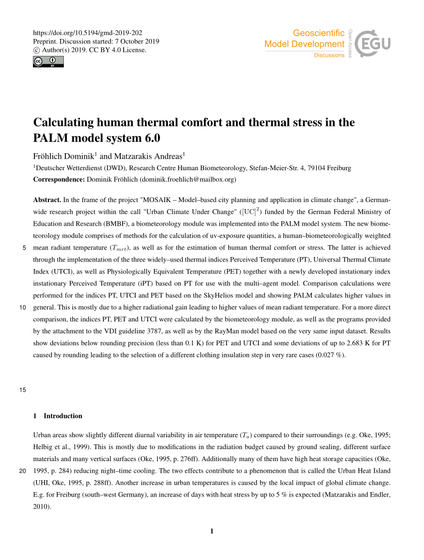 PDF) Calculating human thermal comfort and stress in the PALM model 6.0