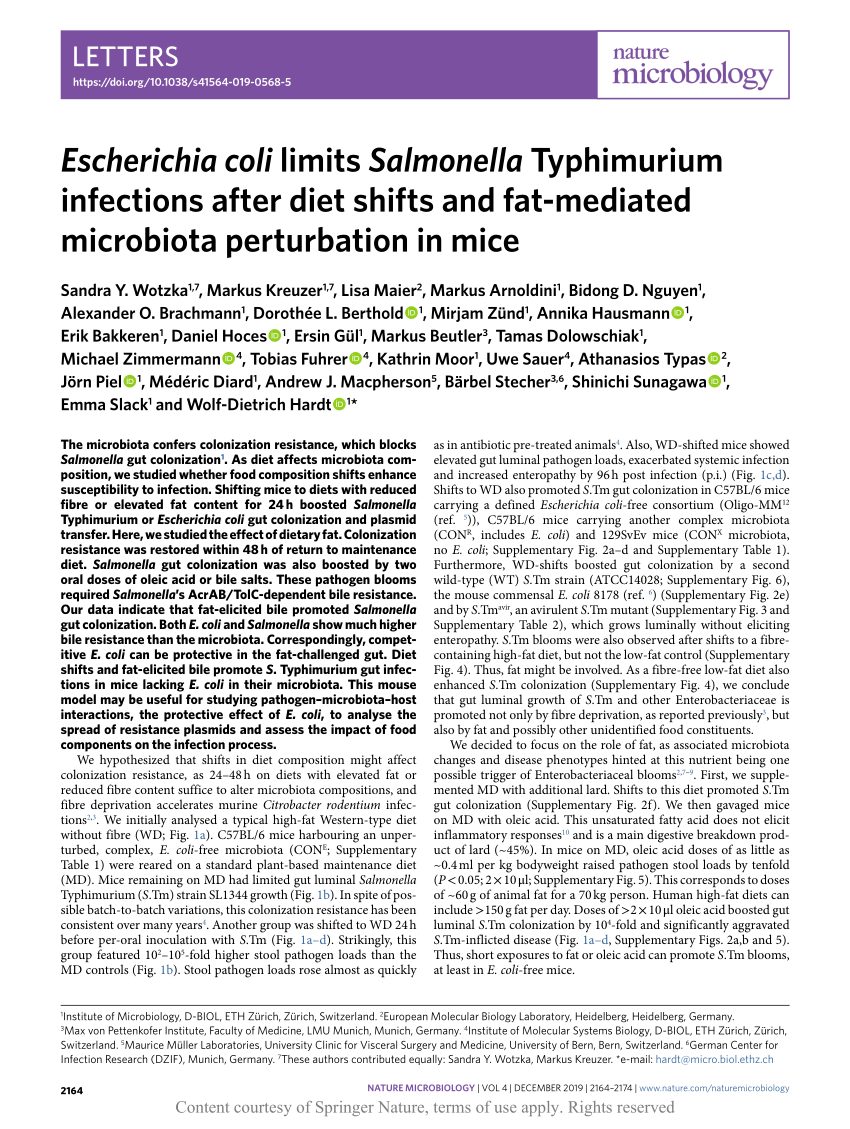 Escherichia Coli Limits Salmonella Typhimurium Infections After Diet Shifts And Fat Mediated Microbiota Perturbation In Mice Request Pdf