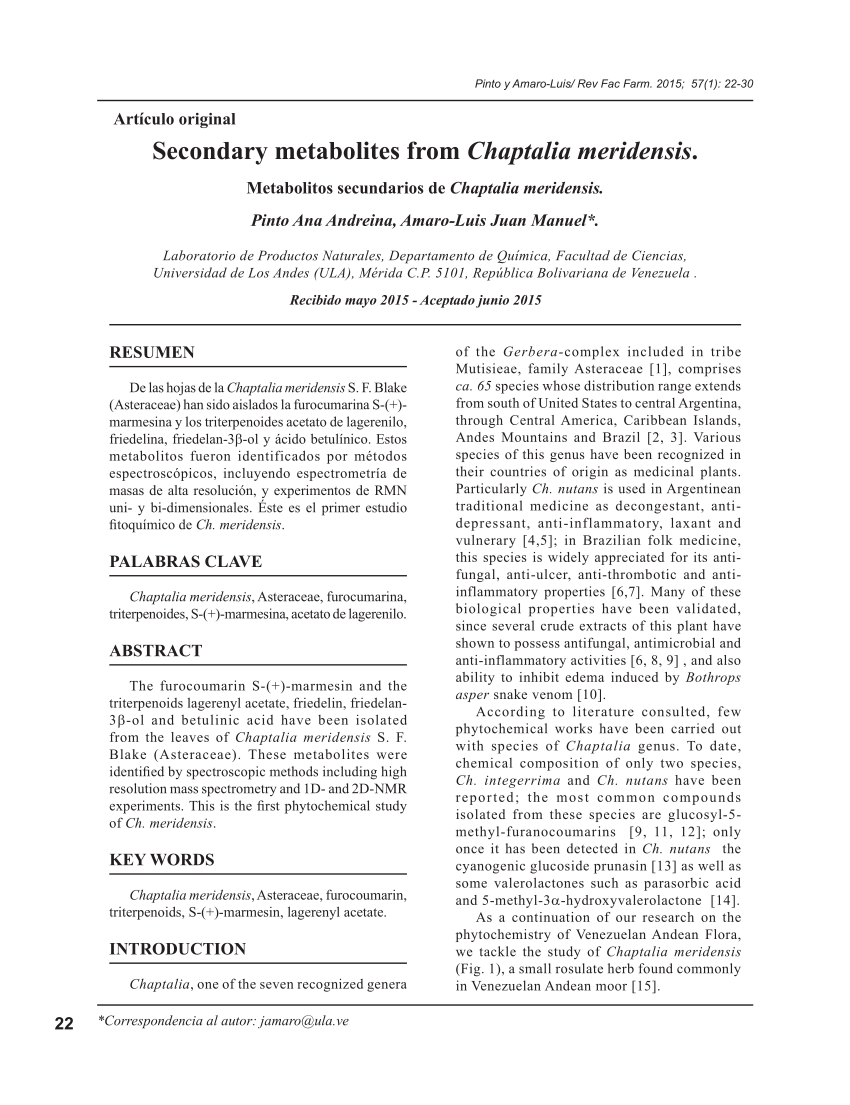 Pdf Secondary Metabolites From Chaptalia Meridensis
