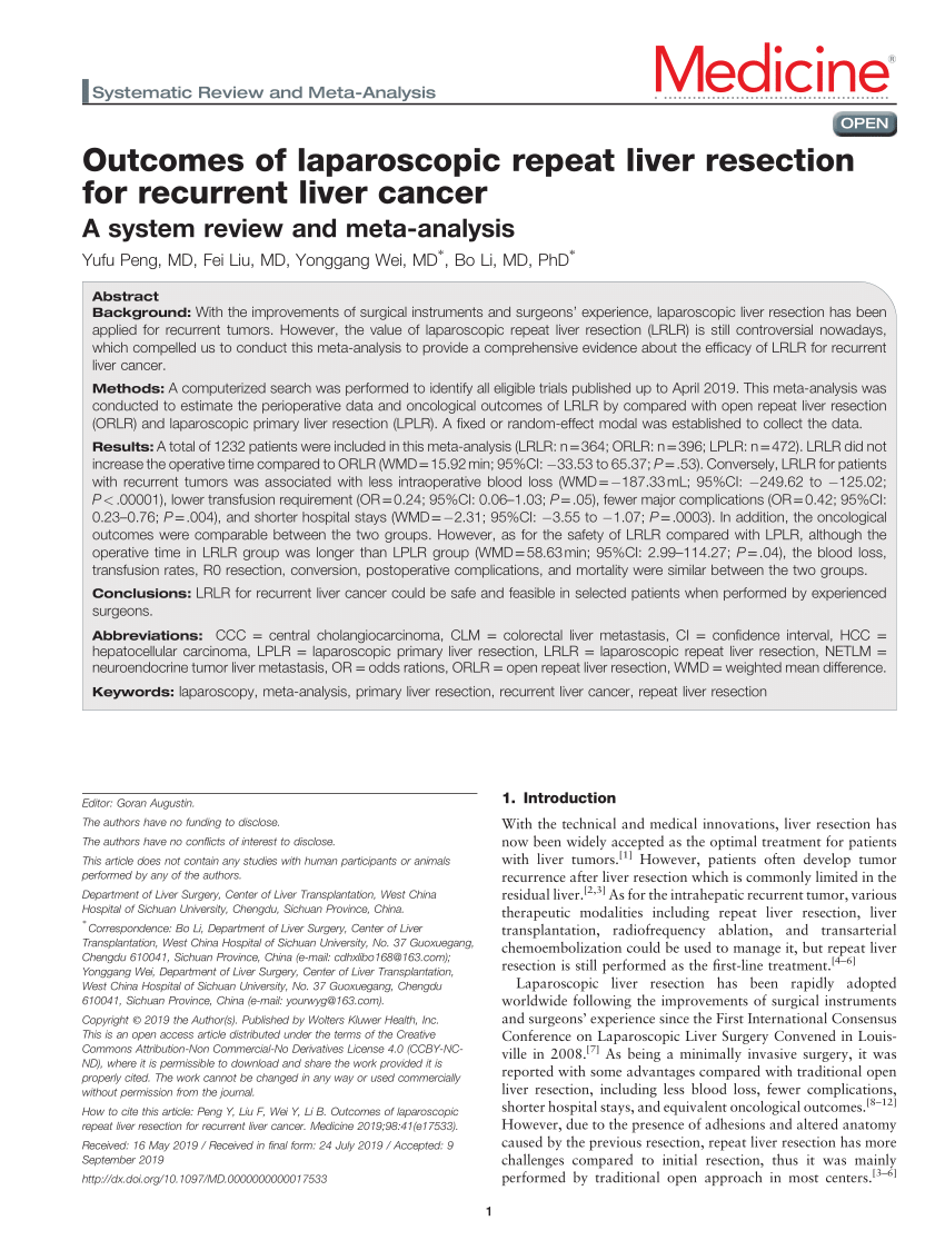 PDF) Outcomes of laparoscopic repeat liver resection for recurrent 