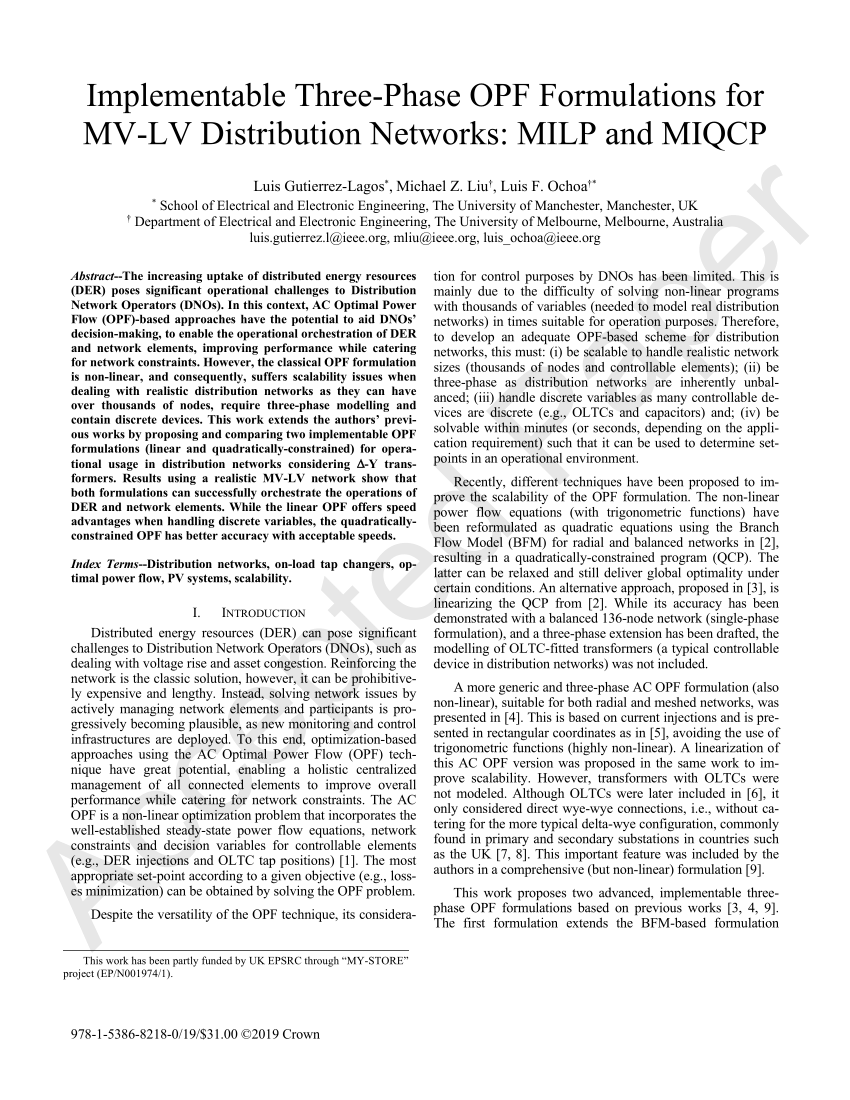 Pdf Implementable Three Phase Opf Formulations For Mv Lv