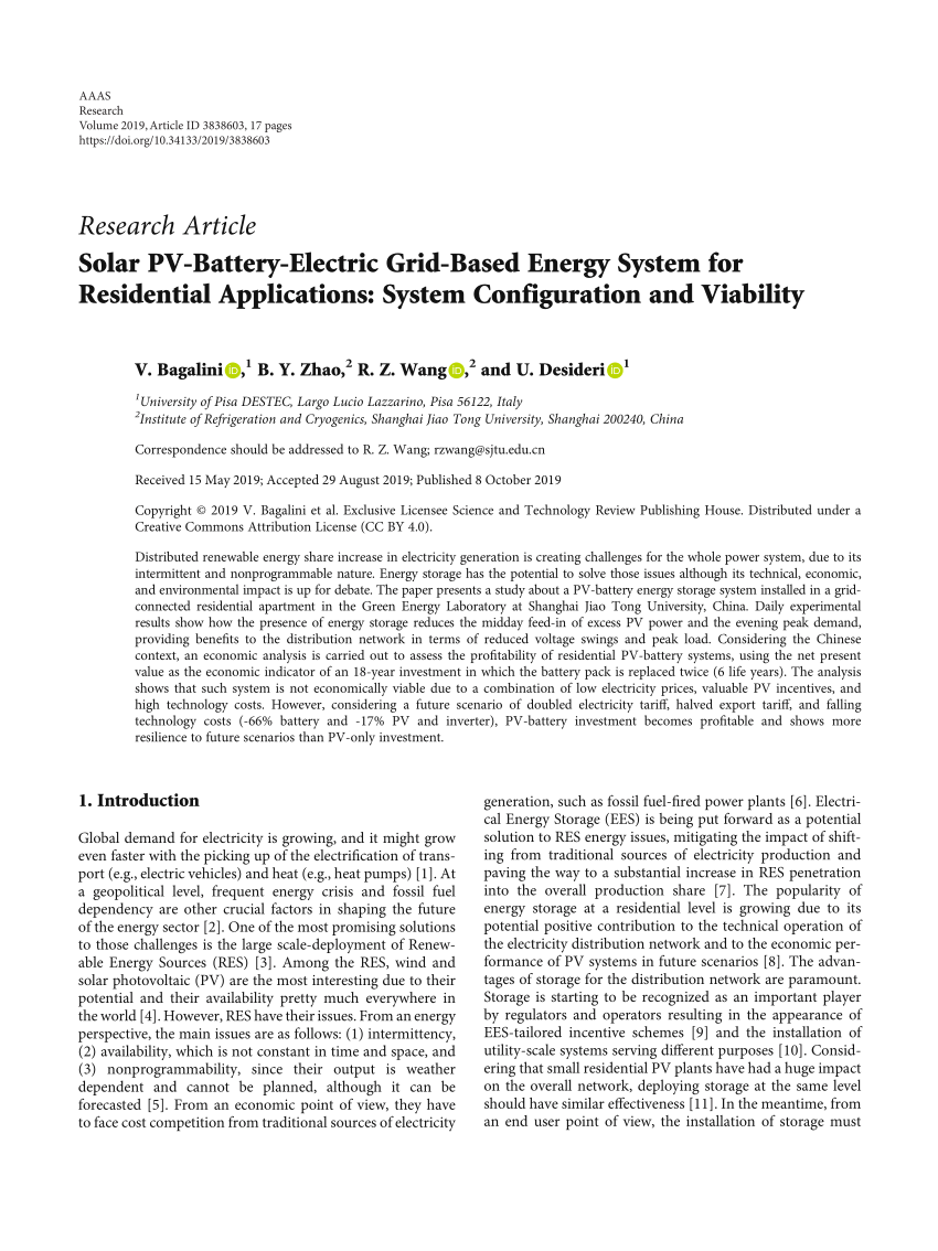 Pdf Solar Pv Battery Electric Grid Based Energy System For Residential Applications System Configuration And Viability