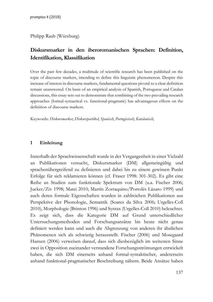 Pdf Diskursmarker In Den Iberoromanischen Sprachen Definition Identifikation Klassifikation