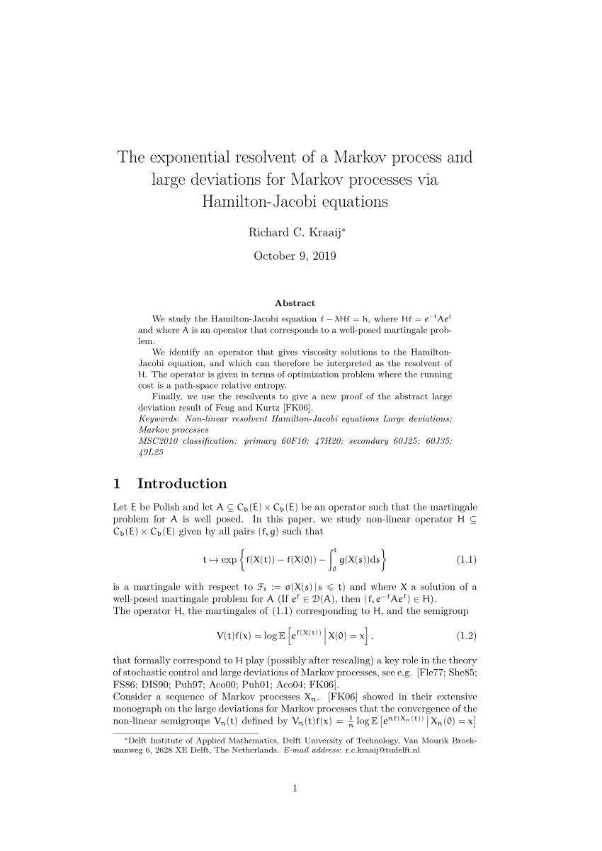 Pdf The Exponential Resolvent Of A Markov Process And Large Deviations For Markov Processes Via Hamilton Jacobi Equations