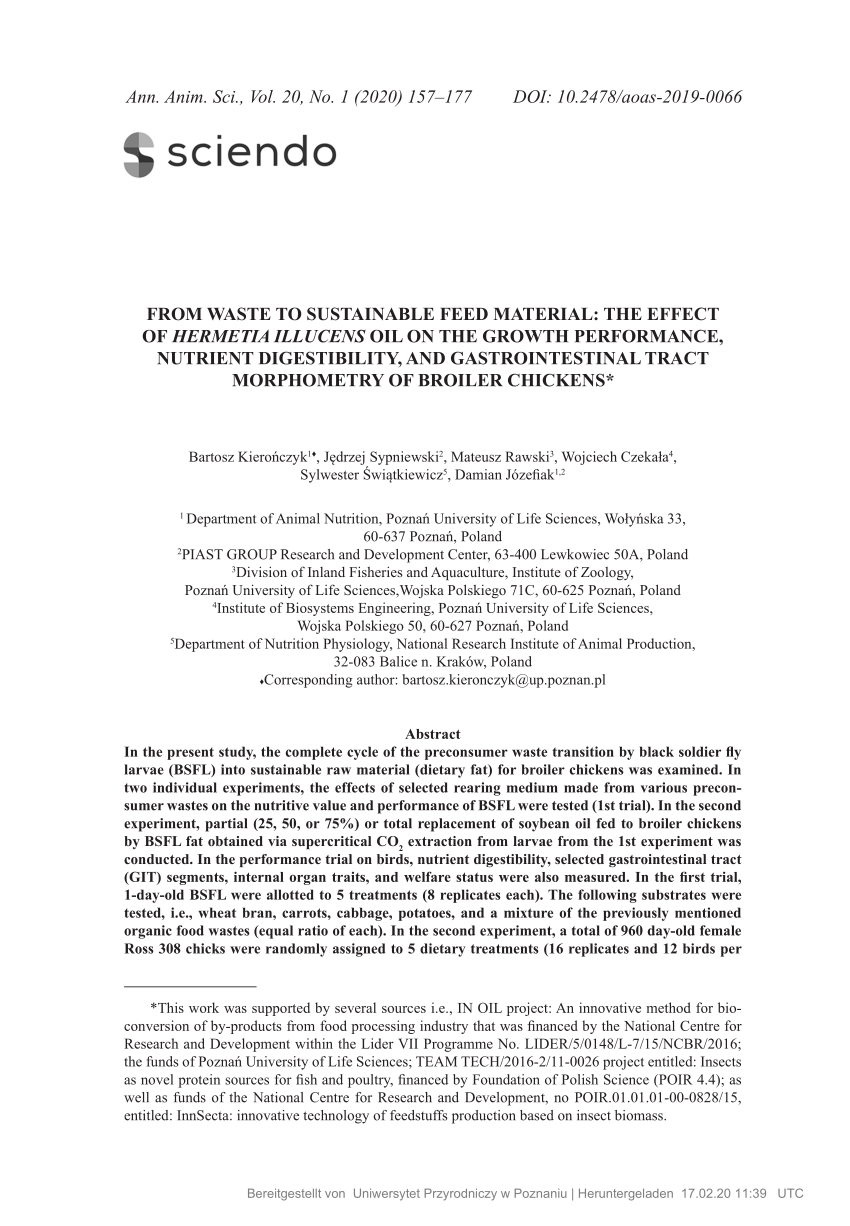 Pdf From Waste To Sustainable Feed Material The Effect Of Hermetia Illucens Oil On The Growth Performance Nutrient Digestibility And Gastrointestinal Tract Morphometry Of Broiler Chickens