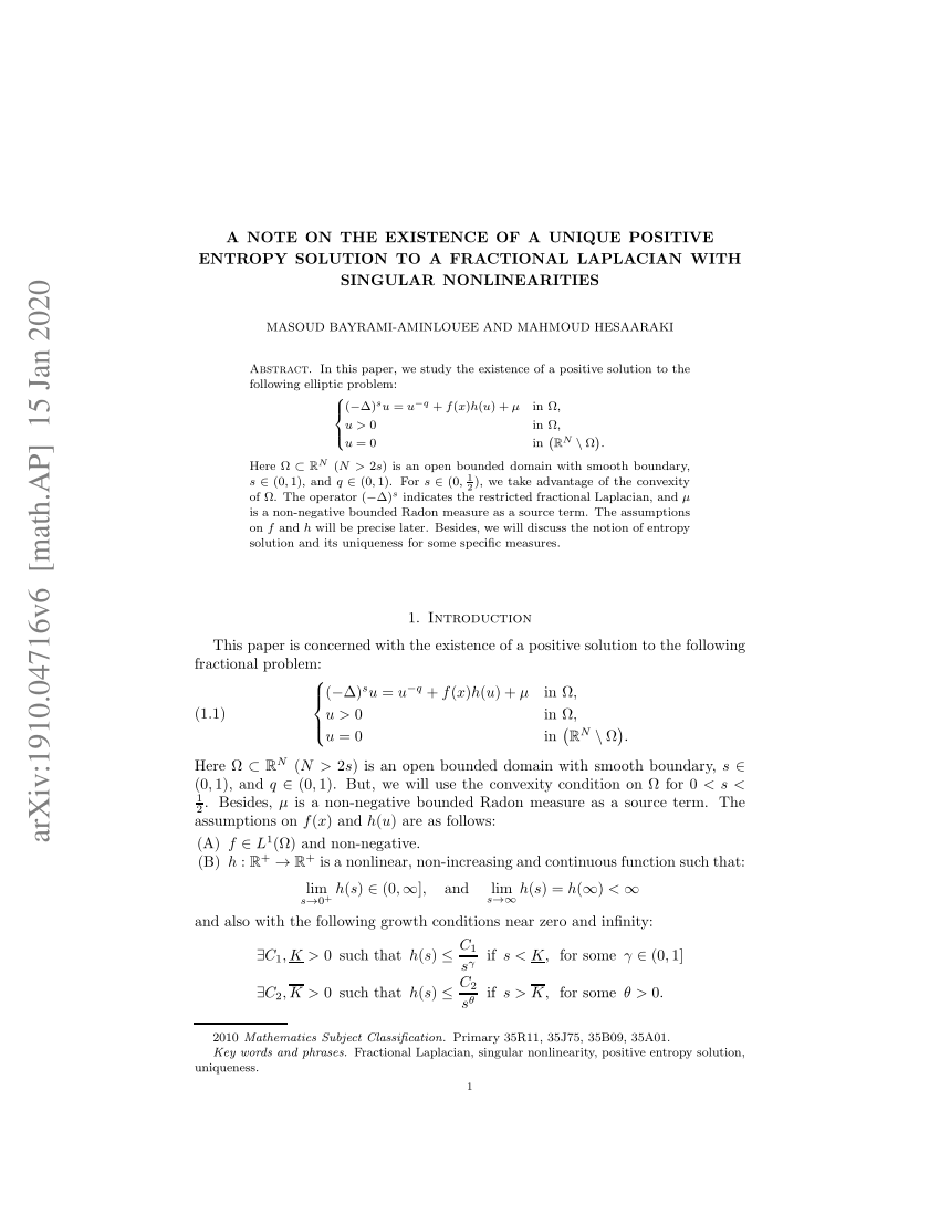 Pdf A Note On The Existence Of A Unique Positive Entropy Solution To A Fractional Laplacian With Singular Nonlinearities