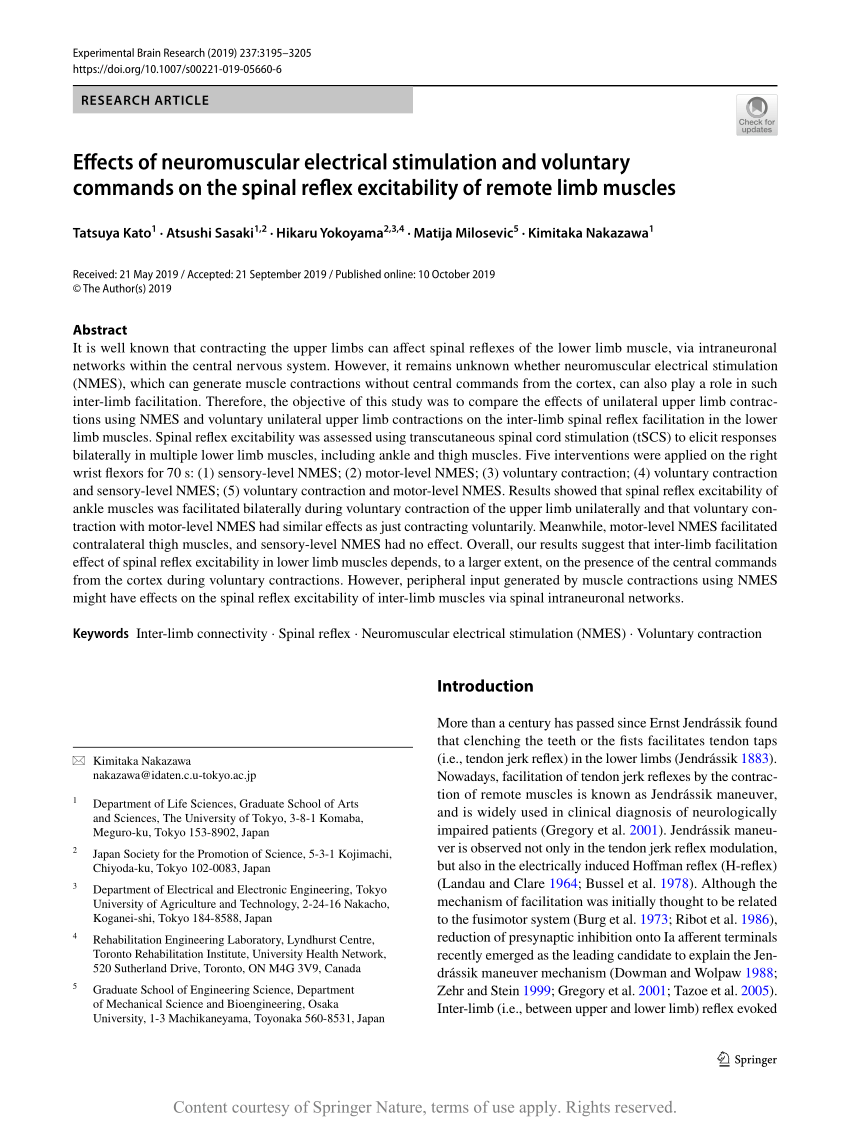 Effects of neuromuscular electrical stimulation and voluntary commands on  the spinal reflex excitability of remote limb muscles