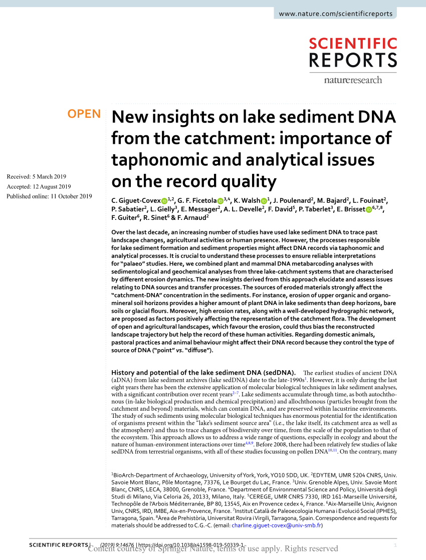 Pdf New Insights On Lake Sediment Dna From The Catchment Importance Of Taphonomic And Analytical Issues On The Record Quality