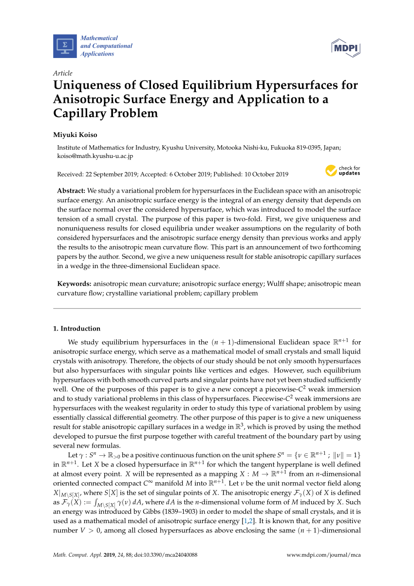 Pdf Uniqueness Of Closed Equilibrium Hypersurfaces For Anisotropic Surface Energy And Application To A Capillary Problem