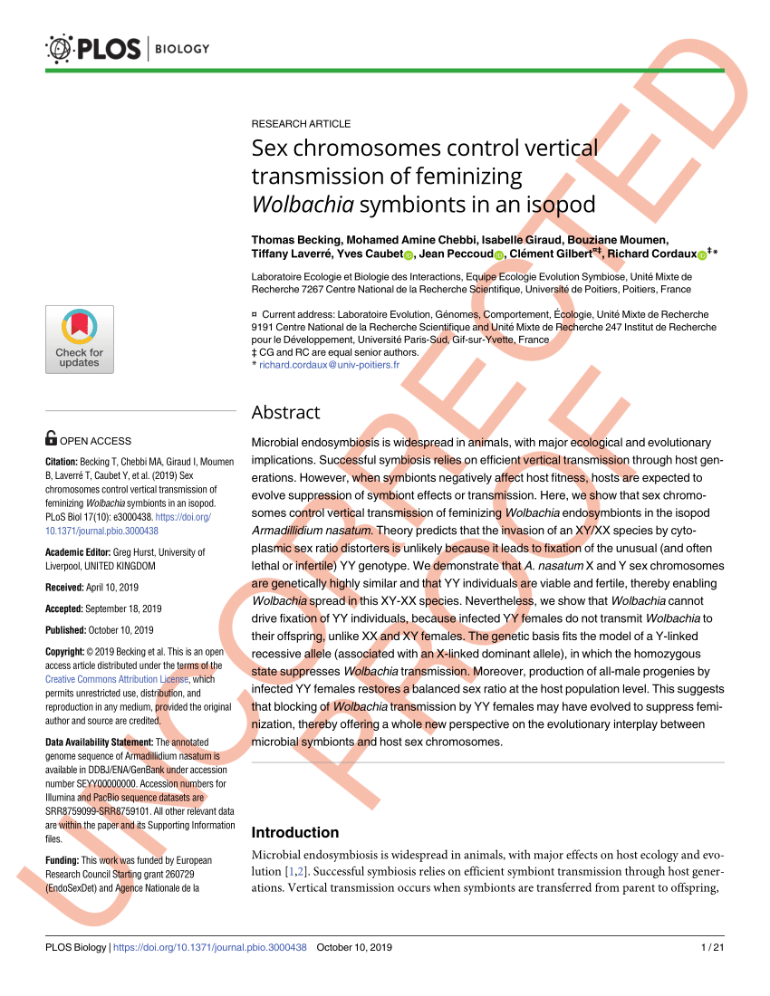 Pdf Sex Chromosomes Control Vertical Transmission Of Feminizing Wolbachia Symbionts In An Isopod