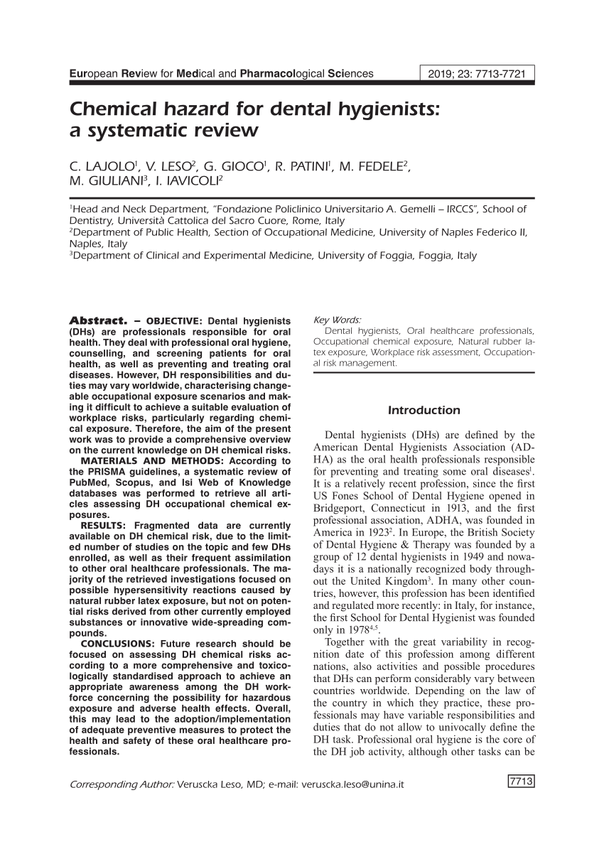 Pdf Chemical Hazard For Dental Hygienists A Systematic Review