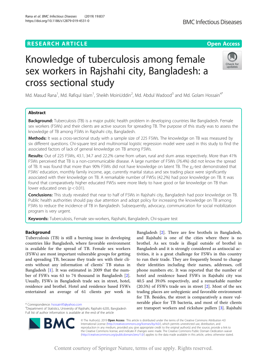 PDF) Knowledge of tuberculosis among female sex workers in Rajshahi city,  Bangladesh: a cross sectional study