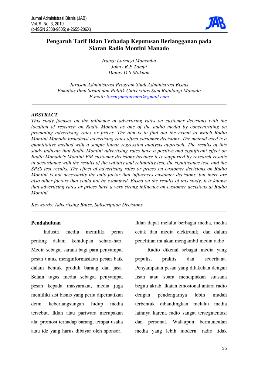 Pdf Pengaruh Tarif Iklan Terhadap Keputusan Berlangganan Pada Siaran Radio Montini Manado