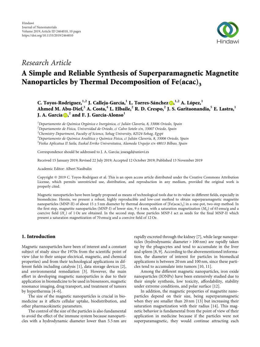 Pdf A Simple And Reliable Synthesis Of Superparamagnetic Magnetite Nanoparticles By Thermal Decomposition Of Fe Acac 3