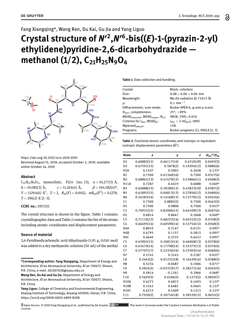 Pdf Crystal Structure Of N 2 N 6 Bis E 1 Pyrazin 2 Yl Ethylidene Pyridine 2 6 Dicarbohydrazide Methanol 1 2 C21h25n9o4