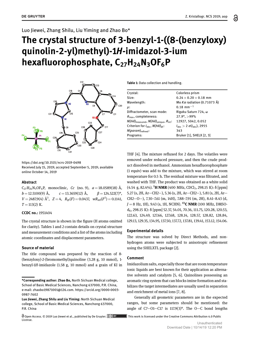 Pdf The Crystal Structure Of 3 Benzyl 1 8 Benzyloxy Quinolin 2 Yl Methyl 1h Imidazol 3 Ium Hexafluorophosphate C27h24n3of6p