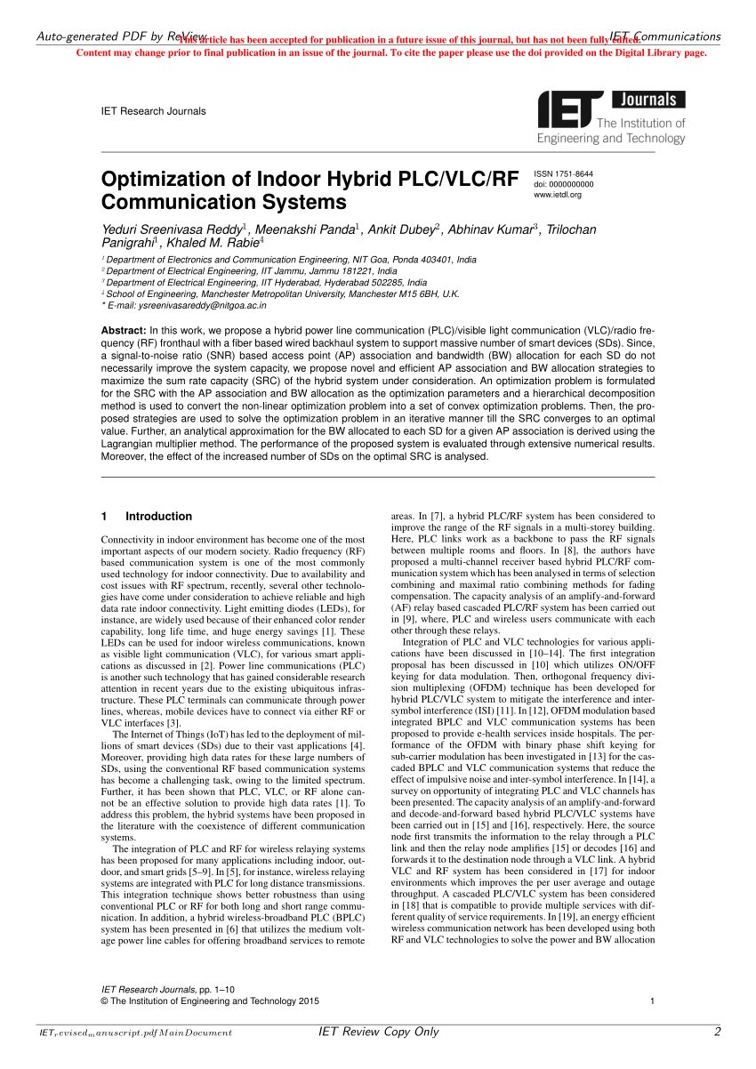 Pdf Optimisation Of Indoor Hybrid Plc Vlc Rf Communication Systems