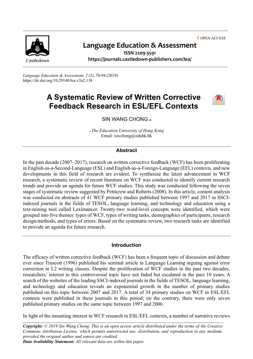 Pdf A Systematic Review Of Written Corrective Feedback Research In Esl Efl Contexts
