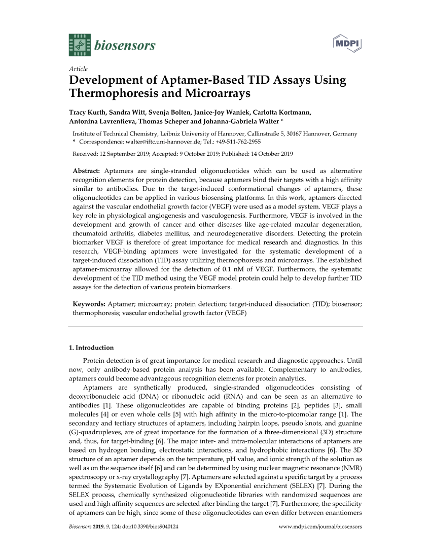 Pdf Development Of Aptamer Based Tid Assays Using Thermophoresis