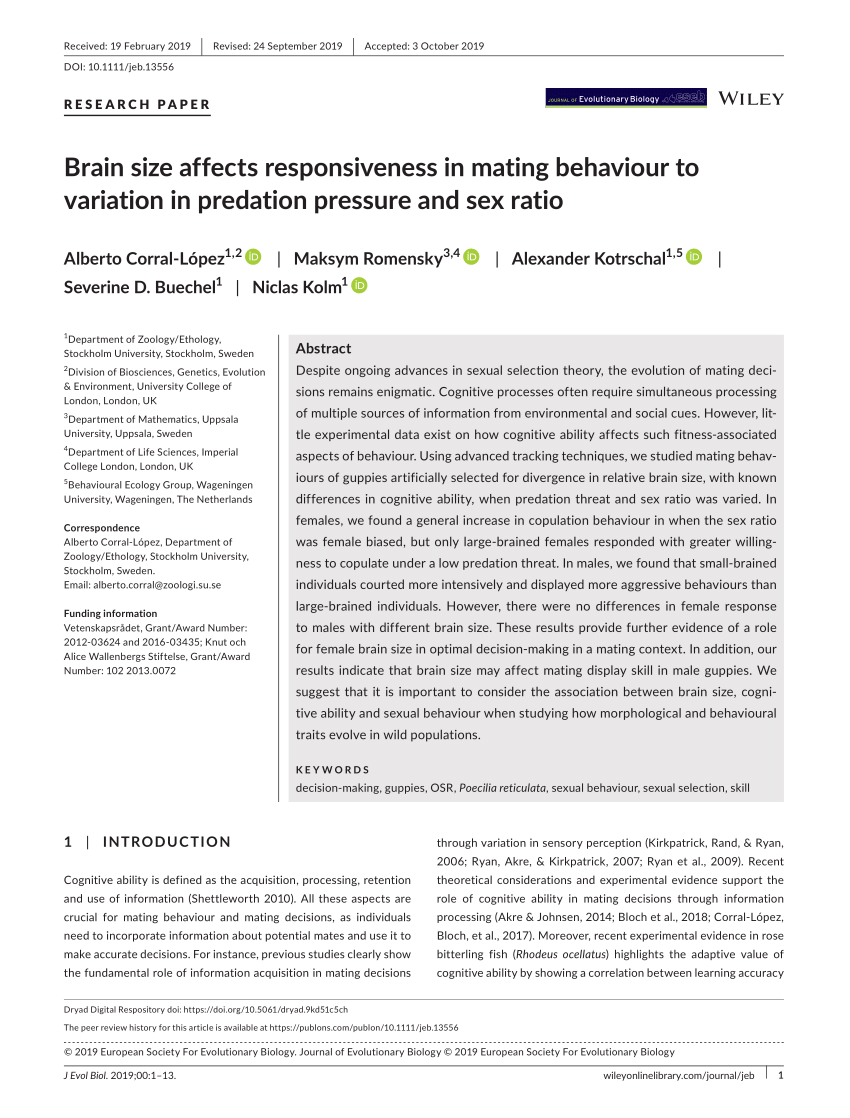 PDF) Brain size affects responsiveness in mating behavior variation in predation pressure and sex‐ratio
