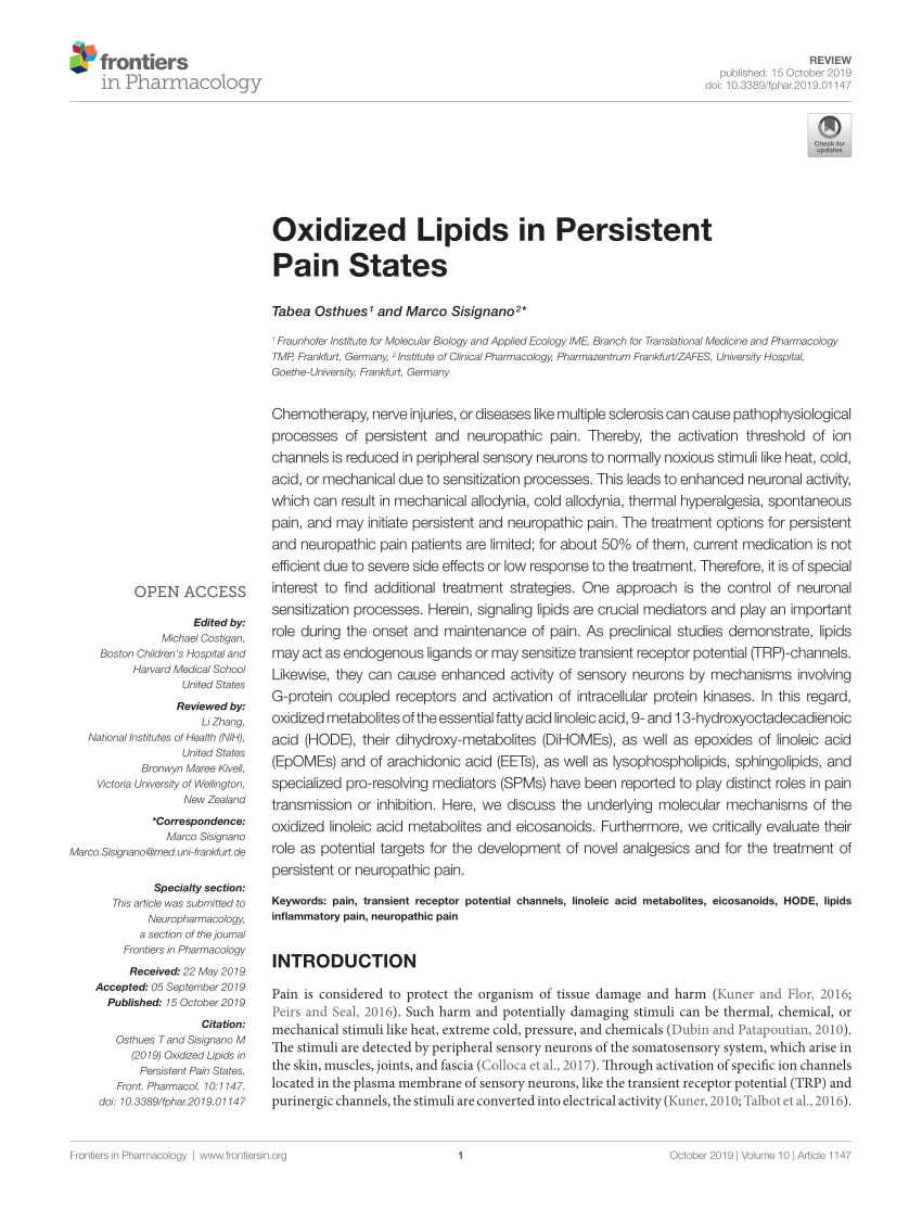 PDF) Oxidized Lipids in Persistent Pain States