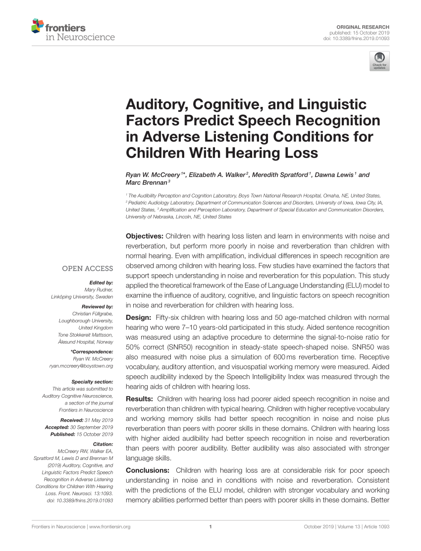 PDF Auditory Cognitive And Linguistic Factors Predict Speech Recognition In Adverse