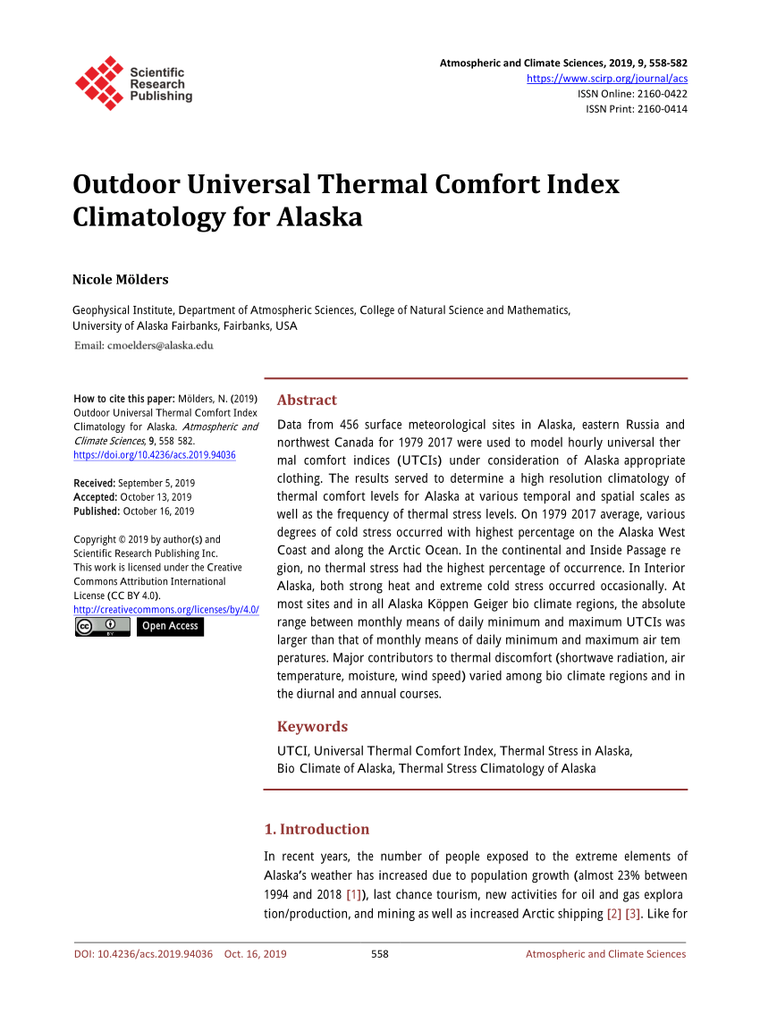 Pdf Outdoor Universal Thermal Comfort Index Climatology For Alaska