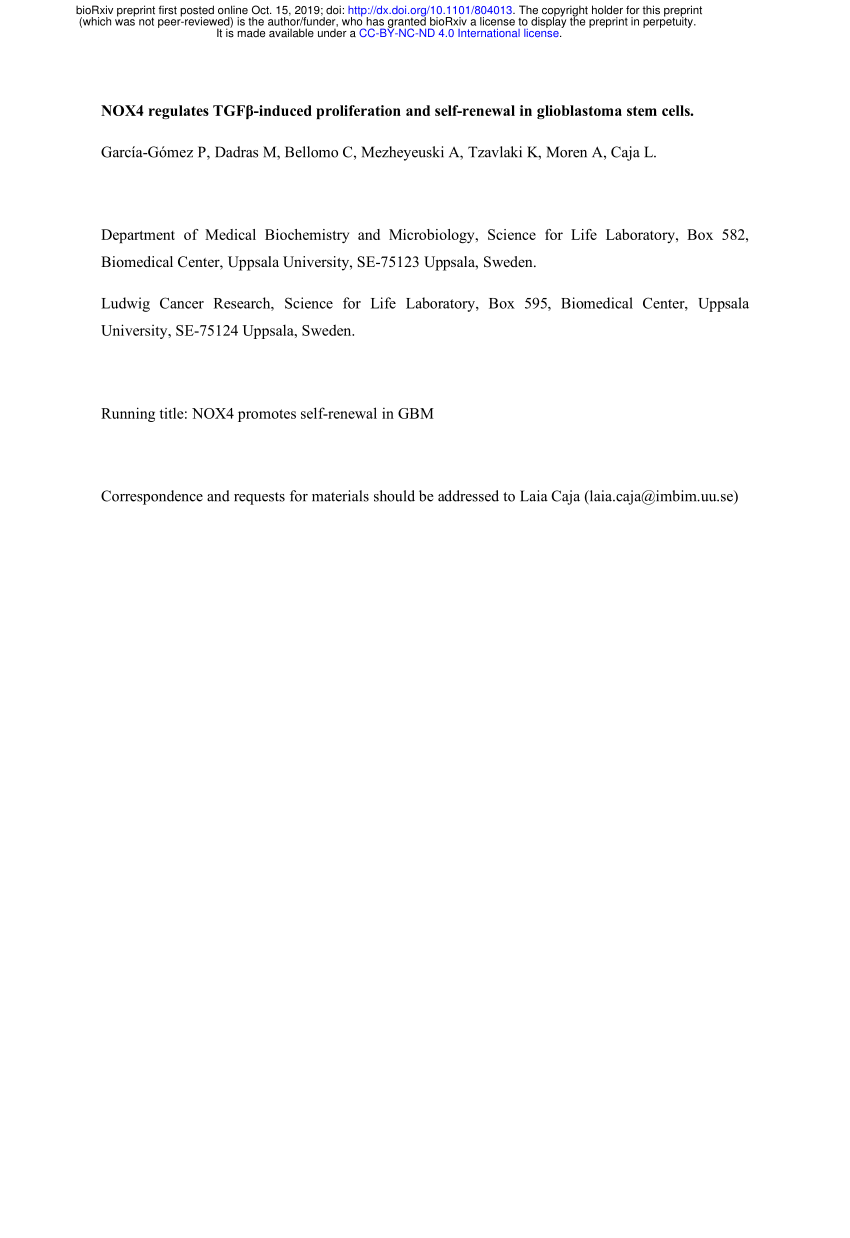 Pdf Nox4 Regulates Tgfb Induced Proliferation And Self Renewal In Glioblastoma Stem Cells