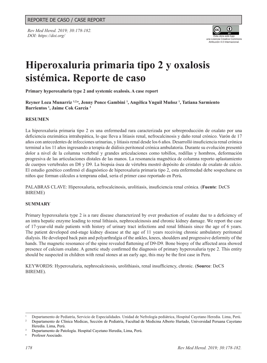 Pdf Hiperoxaluria Primaria Tipo 2 Y Oxalosis Sistémica Reporte De Caso