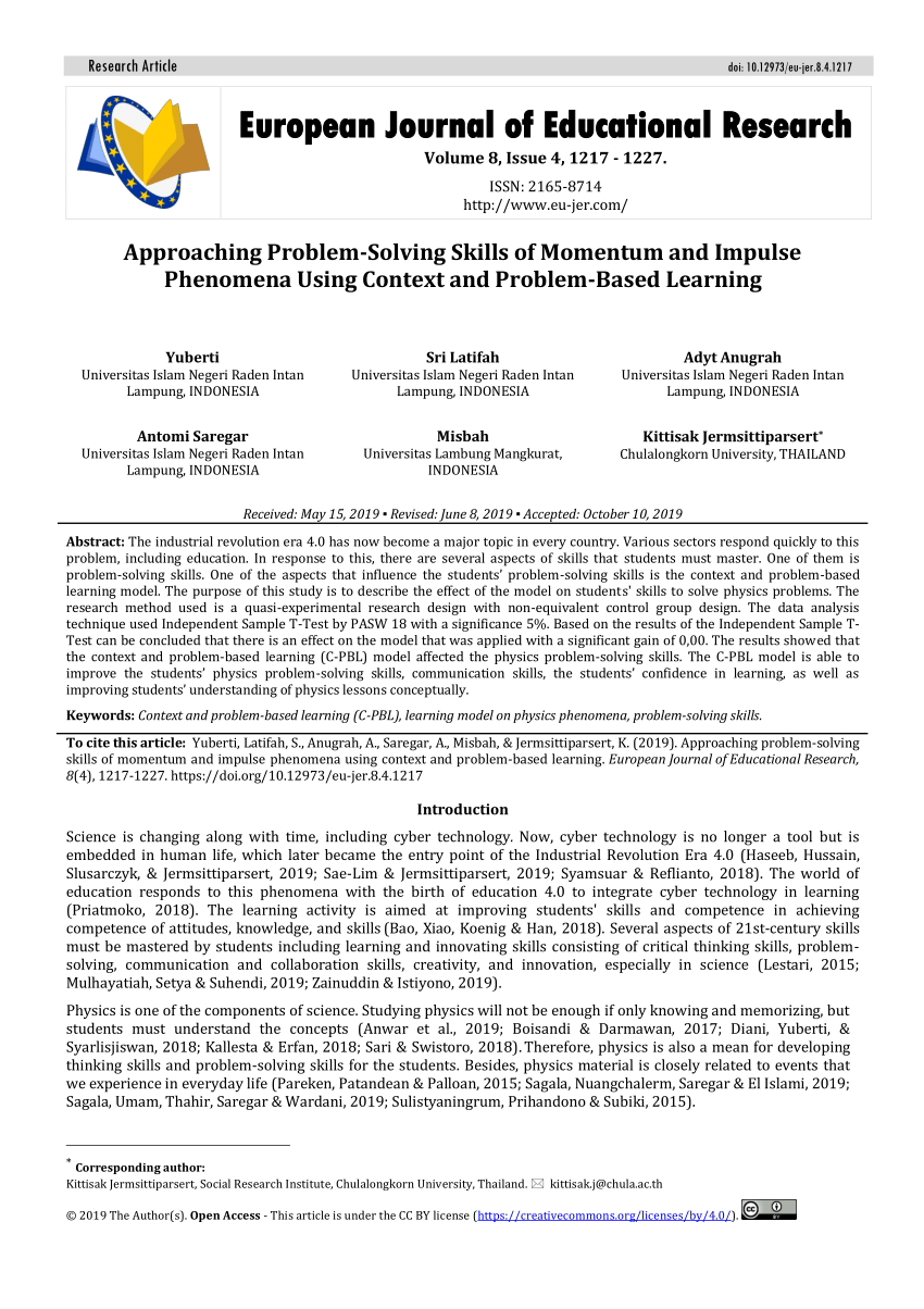 Pdf Approaching Problem Solving Skills Of Momentum And Impulse Phenomena Using Context And Problem Based Learning