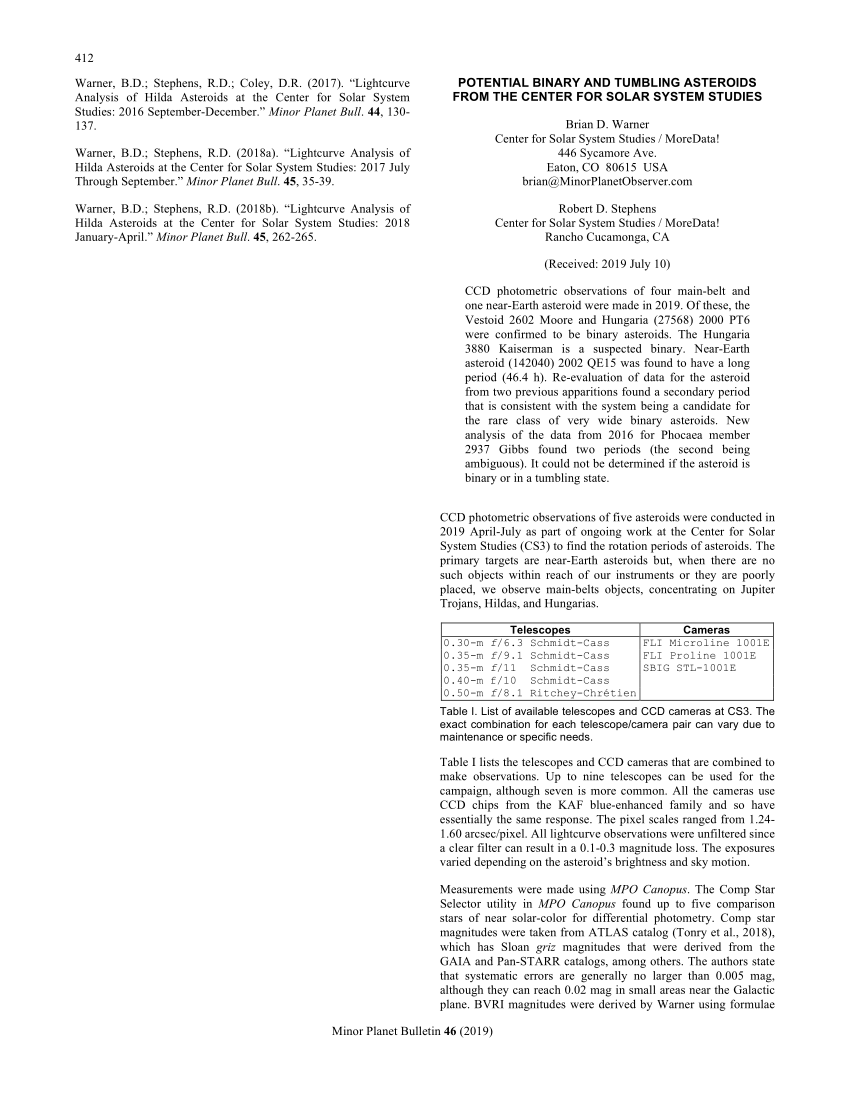 Pdf Potential Binary And Tumbling Asteroids From The Center For Solar System Studies