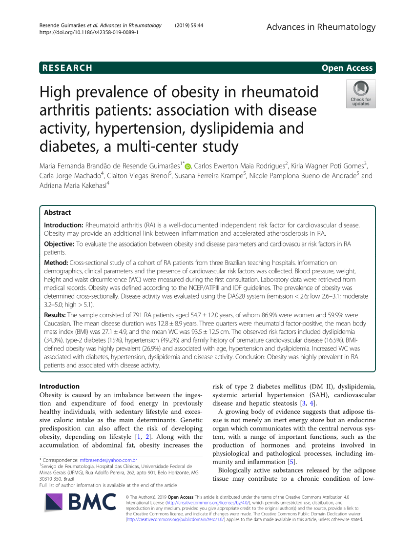 Pdf High Prevalence Of Obesity In Rheumatoid Arthritis Patients Association With Disease
