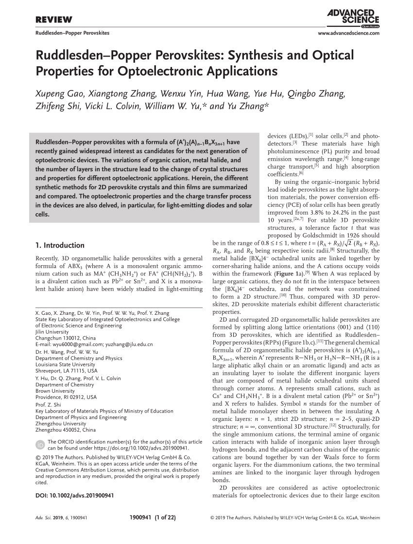 (PDF) Ruddlesden–Popper Perovskites: Synthesis and Optical 