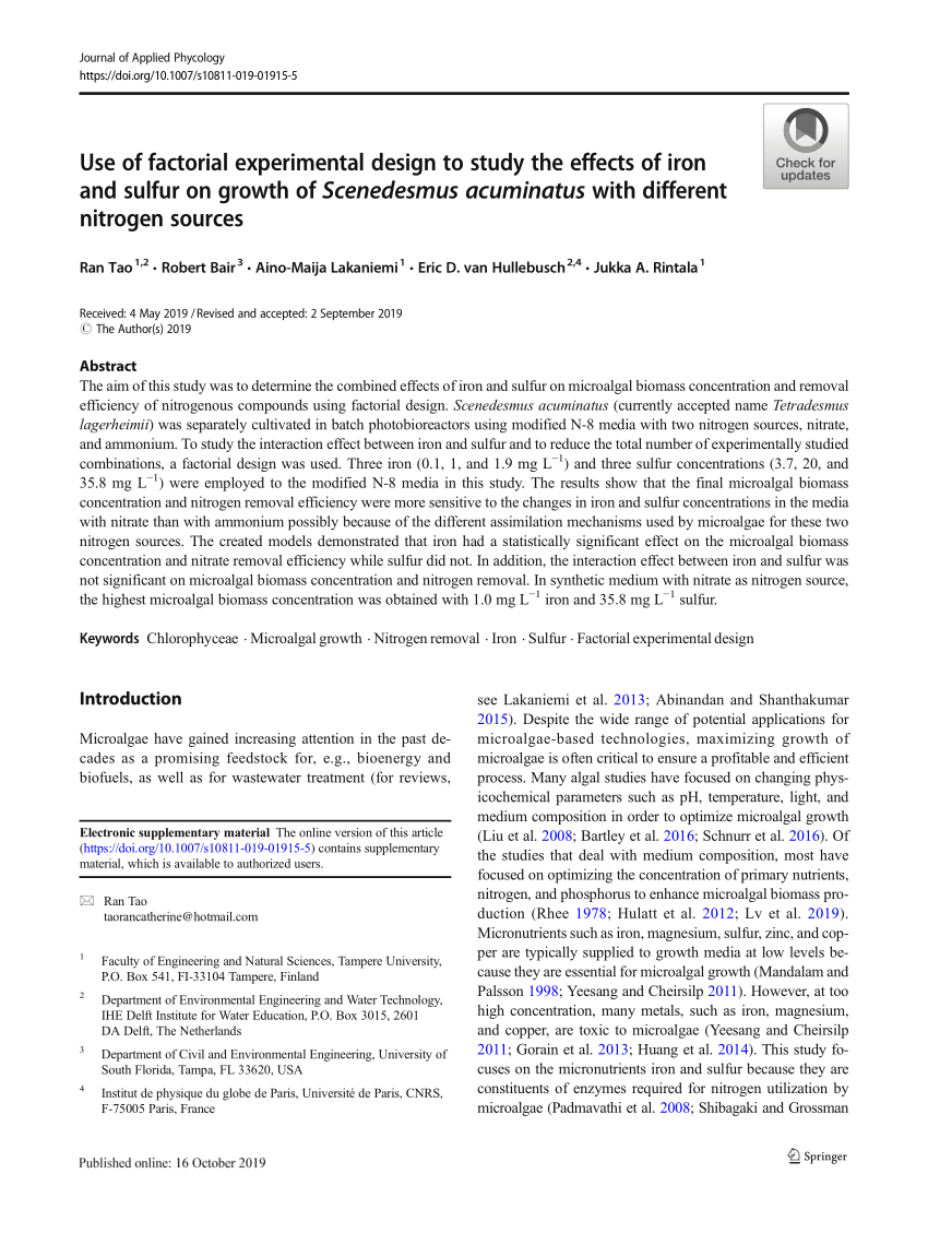 Pdf Use Of Factorial Experimental Design To Study The Effects Of Iron And Sulfur On Growth Of Scenedesmus Acuminatus With Different Nitrogen Sources