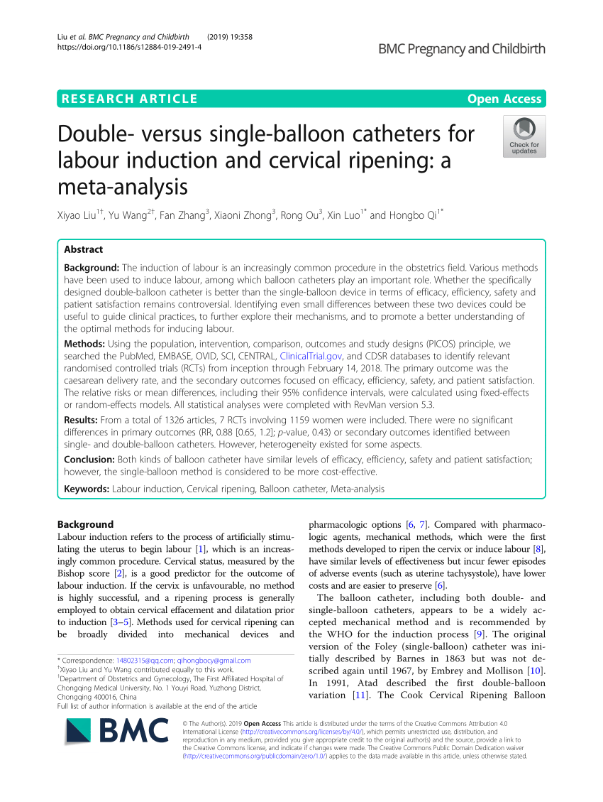 Pdf Double Versus Single Balloon Catheters For Labour Induction And Cervical Ripening A Meta 