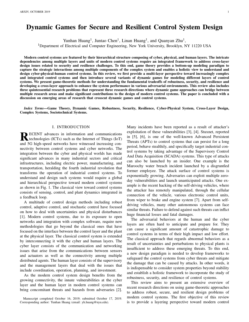 Pdf Dynamic Games For Secure And Resilient Control System Design