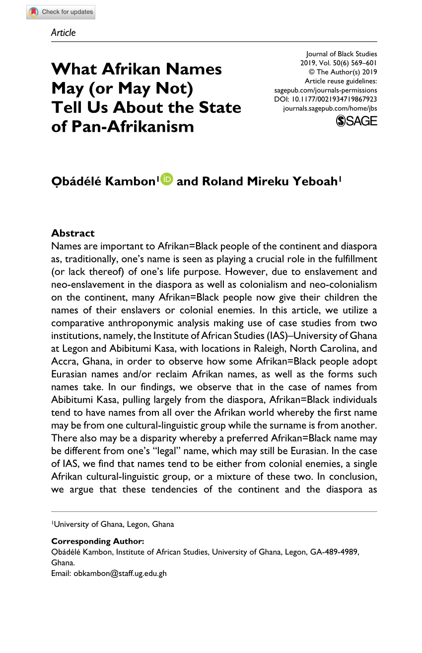 Pdf What Afrikan Names May Or May Not Tell Us About The State Of Pan Afrikanism