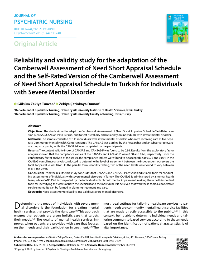 PDF) Investigation of Psychometric Properties to Camberwell Assessment of  Need Short Apprasial Schedule and Self-rated Version Camberwell Assessment  of Need Short Apprasial Schedule to Turkish in Individuals with Severe  Mental Disorder