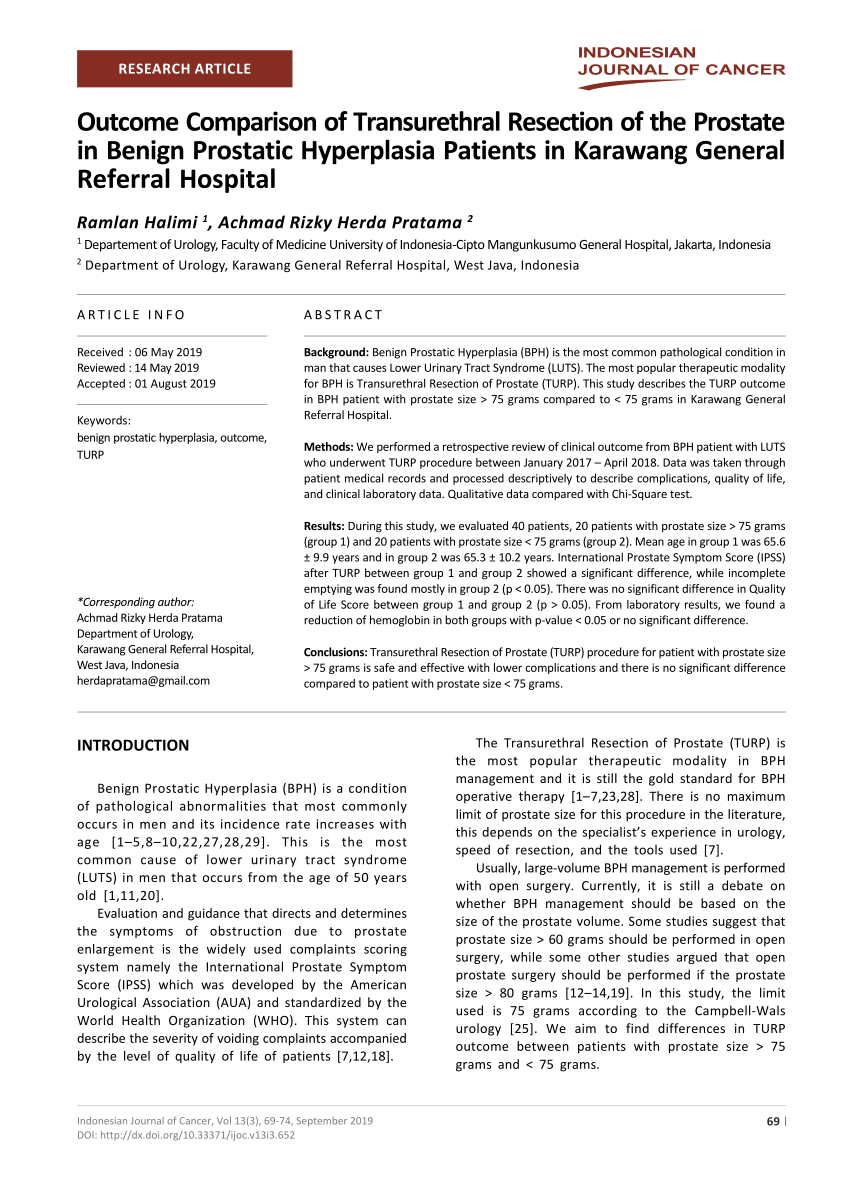 Pdf Outcome Comparison Of Transurethral Resection Of The Prostate In Benign Prostatic 4086