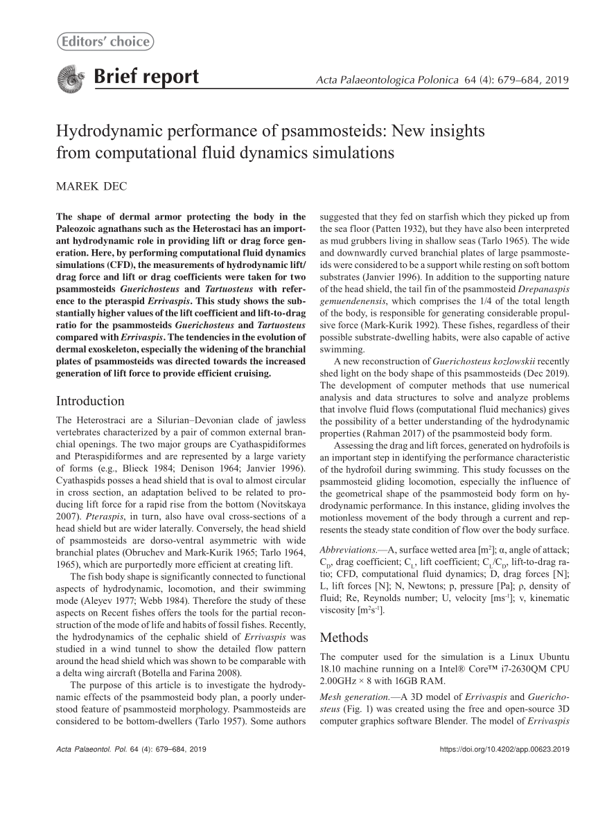 Pdf Hydrodynamic Performance Of Psammosteids New Insights From Computational Fluid Dynamics Simulations