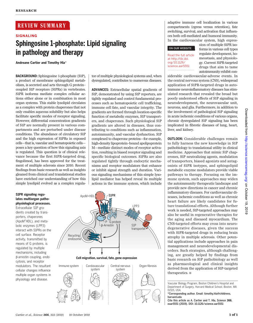 Pdf Sphingosine 1 Phosphate Lipid Signaling In Pathology And Therapy