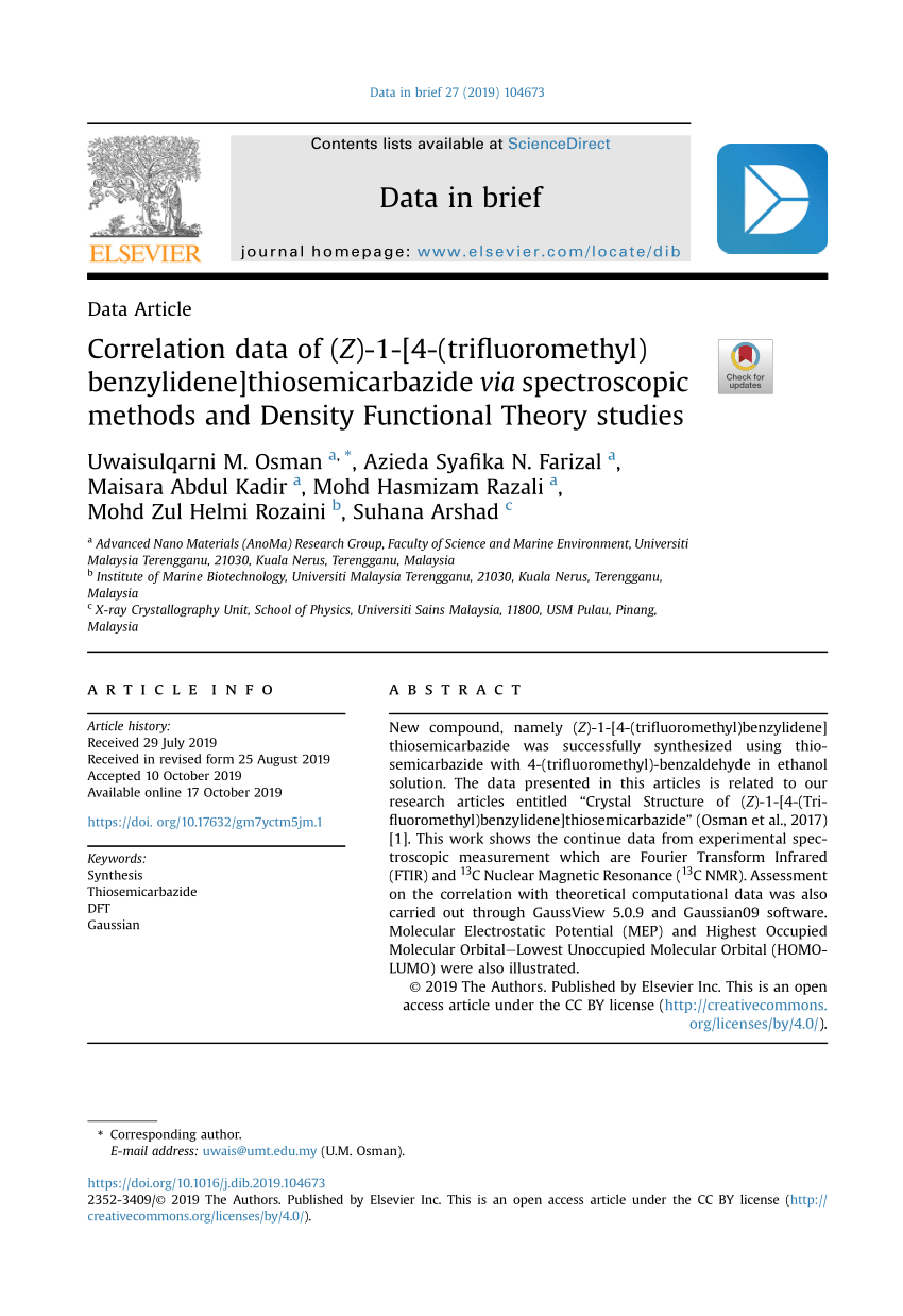 Pdf Correlation Data Of Z 1 4 Trifluoromethyl Benzylidene Thiosemicarbazide Via Spectroscopic Methods And Density Functional Theory Studies