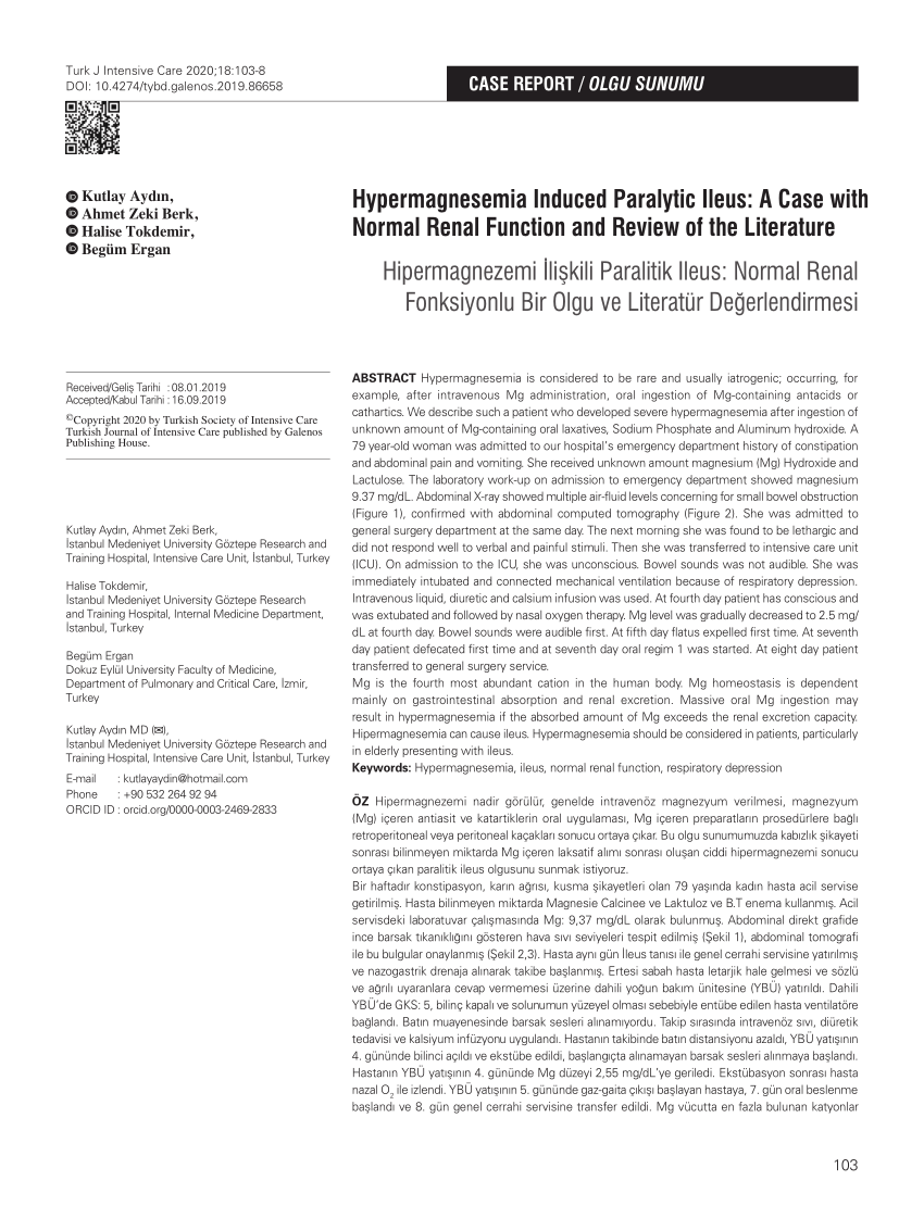 PDF Hypermagnesemia induced paralytic ileus A case with normal  