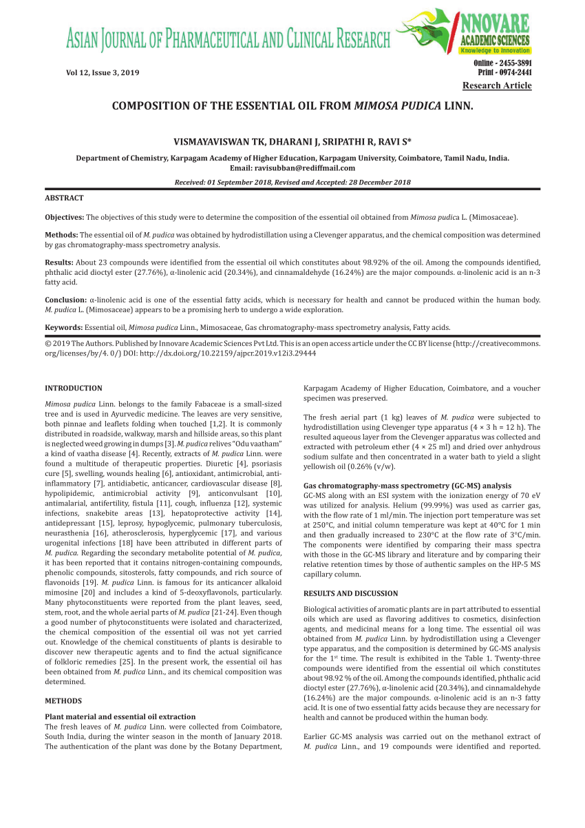 Pdf Composition Of The Essential Oil From Mimosa Pudica Linn