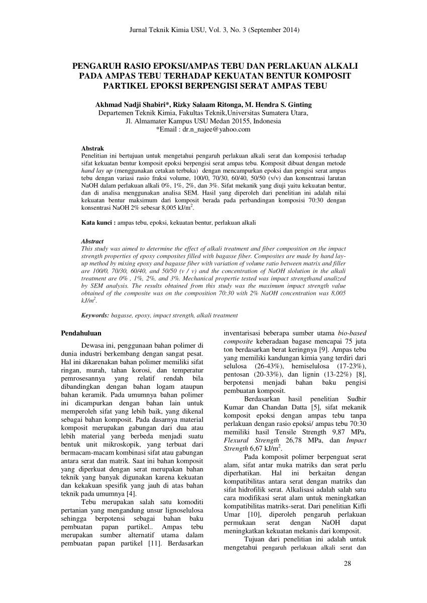 Pdf Pengaruh Rasio Epoksiampas Tebu Dan Perlakuan Alkali Pada Ampas Tebu Terhadap Kekuatan 1851