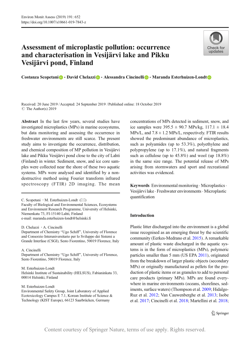 Pdf Assessment Of Microplastic Pollution Occurrence And Characterisation In Vesijarvi Lake And Pikku Vesijarvi Pond Finland