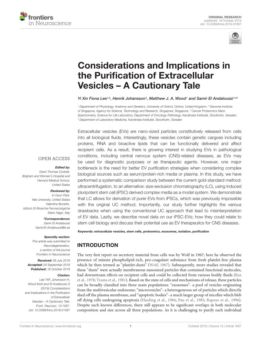 PDF) Considerations and Implications in the Purification of Extracellular  Vesicles – A Cautionary Tale